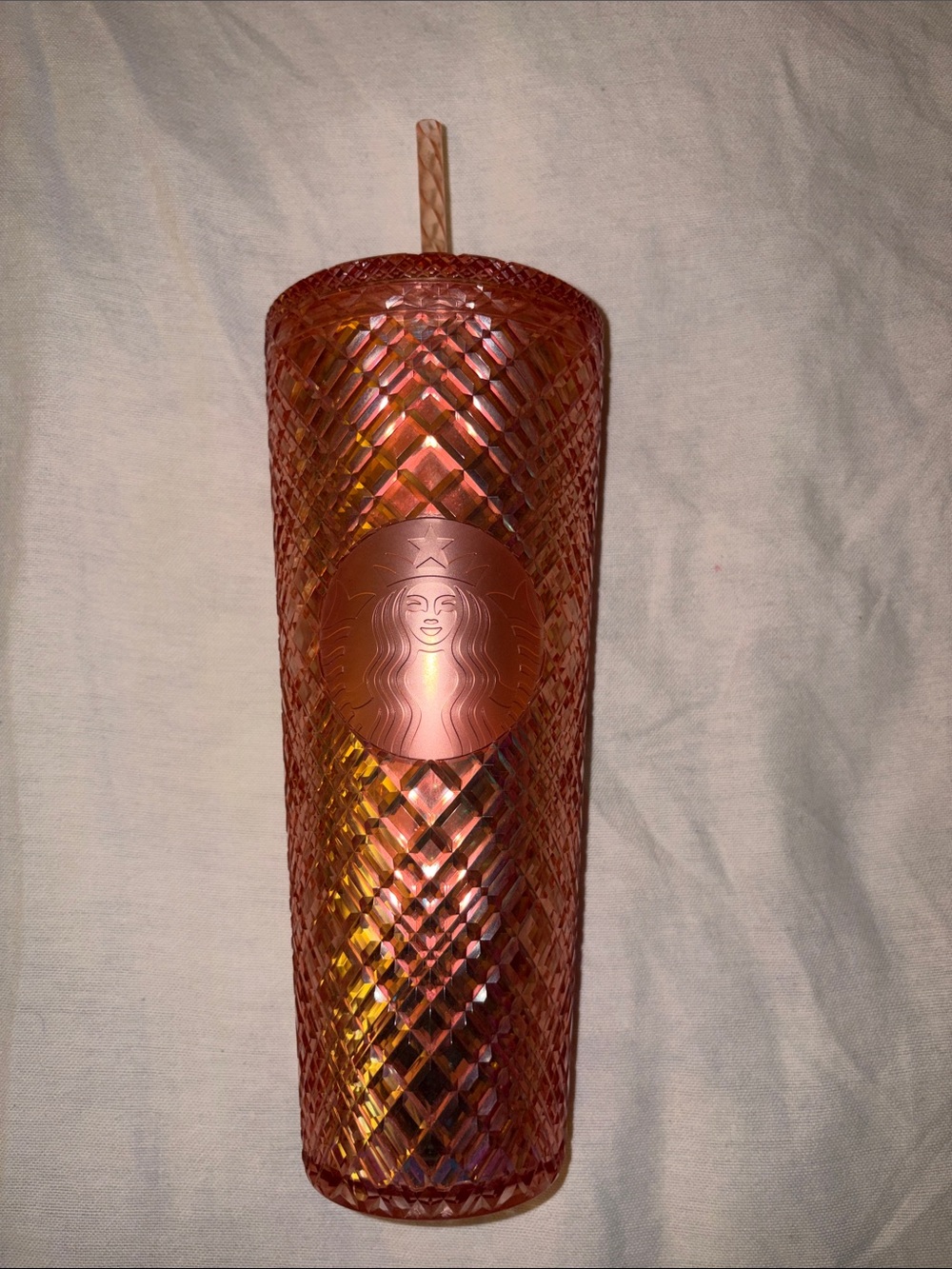 Starbucks Iridescent Pink-Orange Diamond Tumbler with Straw